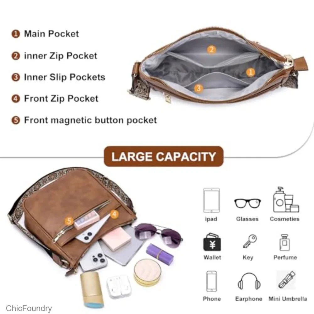 Vegan Leather Crossbody Bag with Adjustable Strap, Multiple Pockets